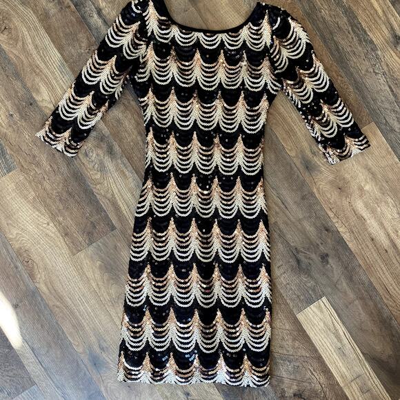 Crystal Doll Junior's Black Sequined Short 3/4 Sleeve Bodycon Party Dress XS - Picture 9 of 9